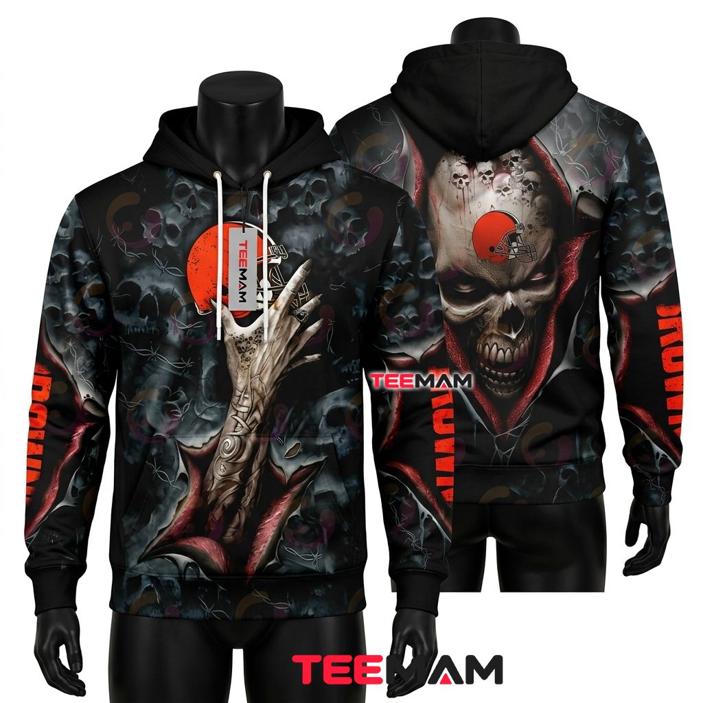 Cleveland Browns 3D Hoodie Rock Hand Tattoo Skull Fog Front