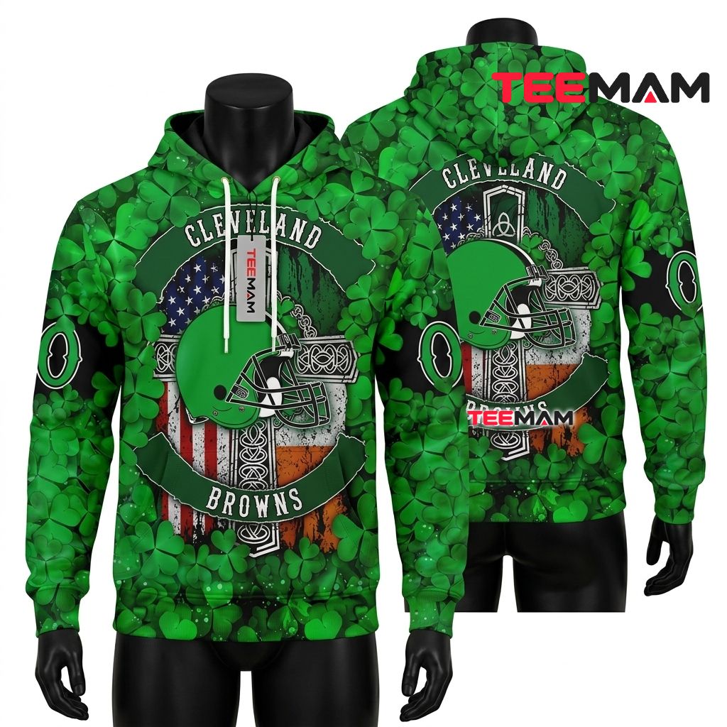 Cleveland Browns 3D Hoodie St Patrick Day Shamrock Celtic Front