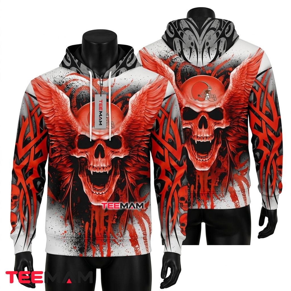 Cleveland Browns 3D Hoodie Winged Skull Tribal Print Front