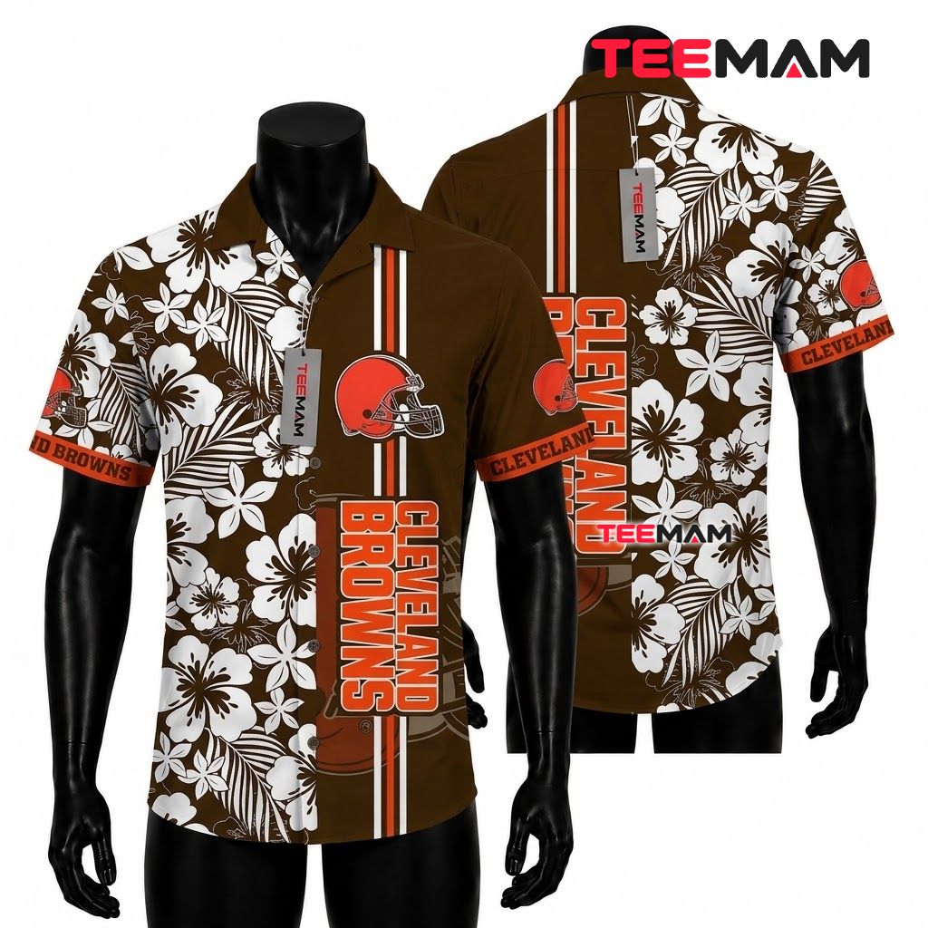 Cleveland Browns Button Up Shirt White Hibiscus Front