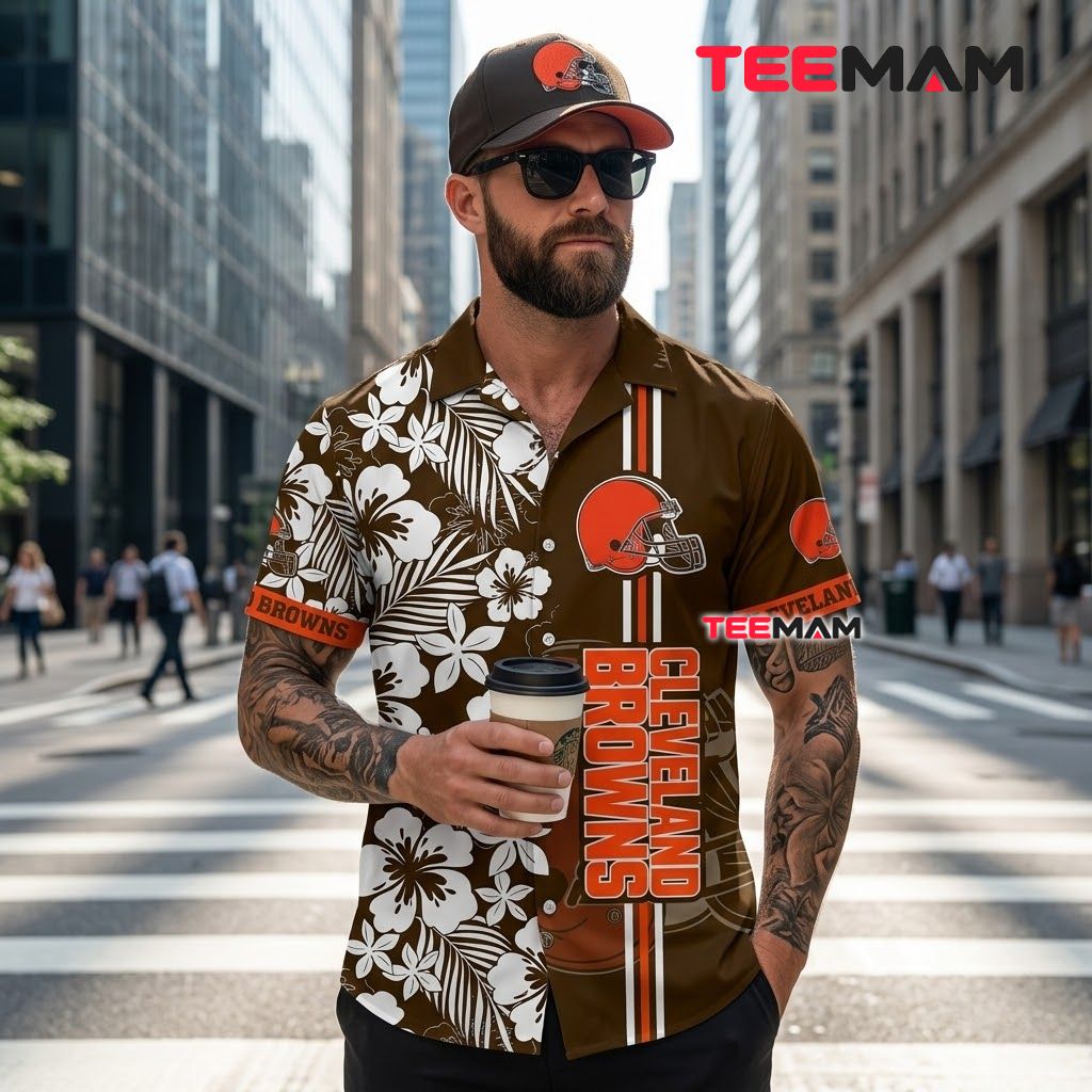 Cleveland Browns Button Up Shirt White Hibiscus Back Cleveland Browns Button Up Shirt White Hibiscus Back