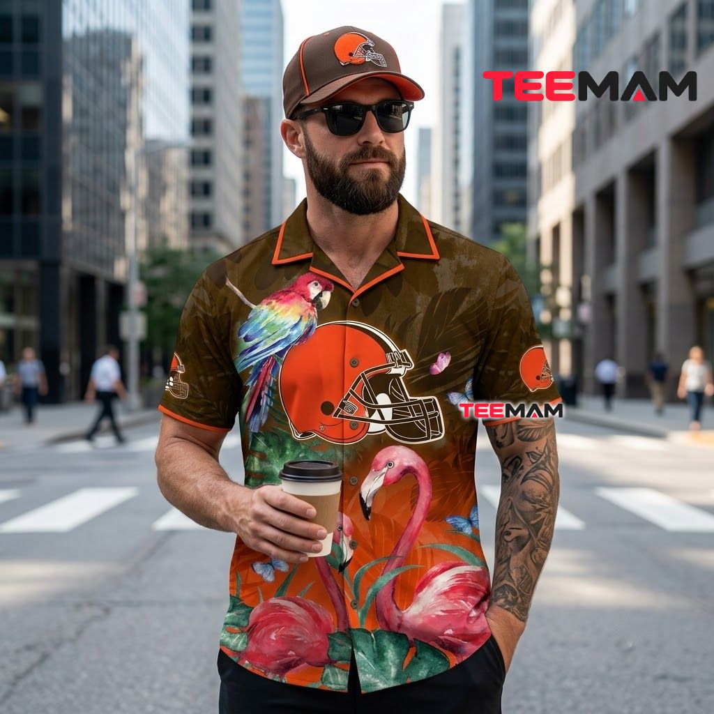 Cleveland Browns Tropical Shirt Flamingo Parrot Back Cleveland Browns Tropical Shirt Flamingo Parrot Back