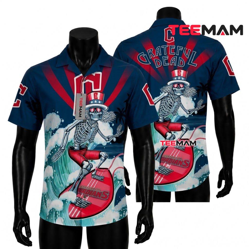 Cleveland Guardians Hawaiian Shirt Surfing Skeleton Front