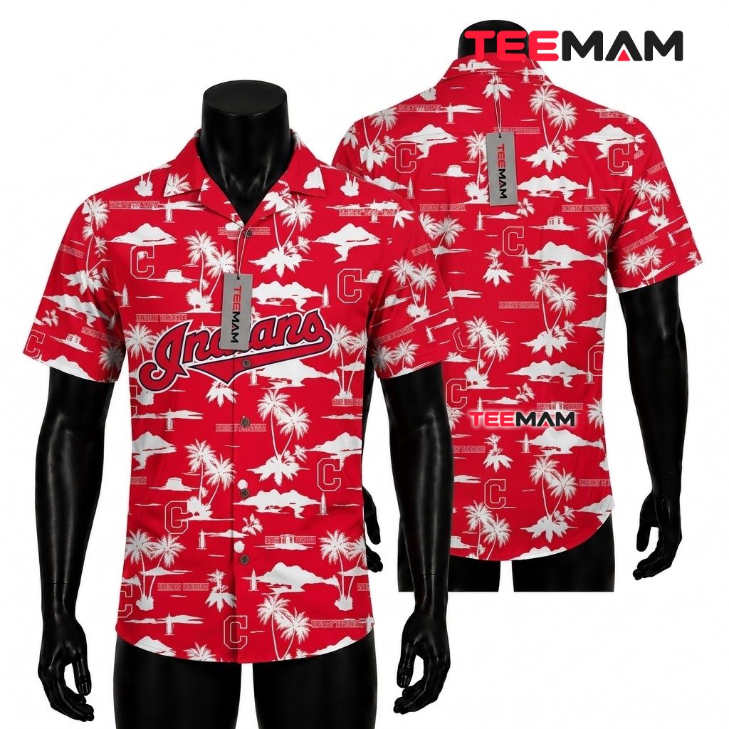 Cleveland Indians Hawaiian Shirt Red Palm Tree Print Front