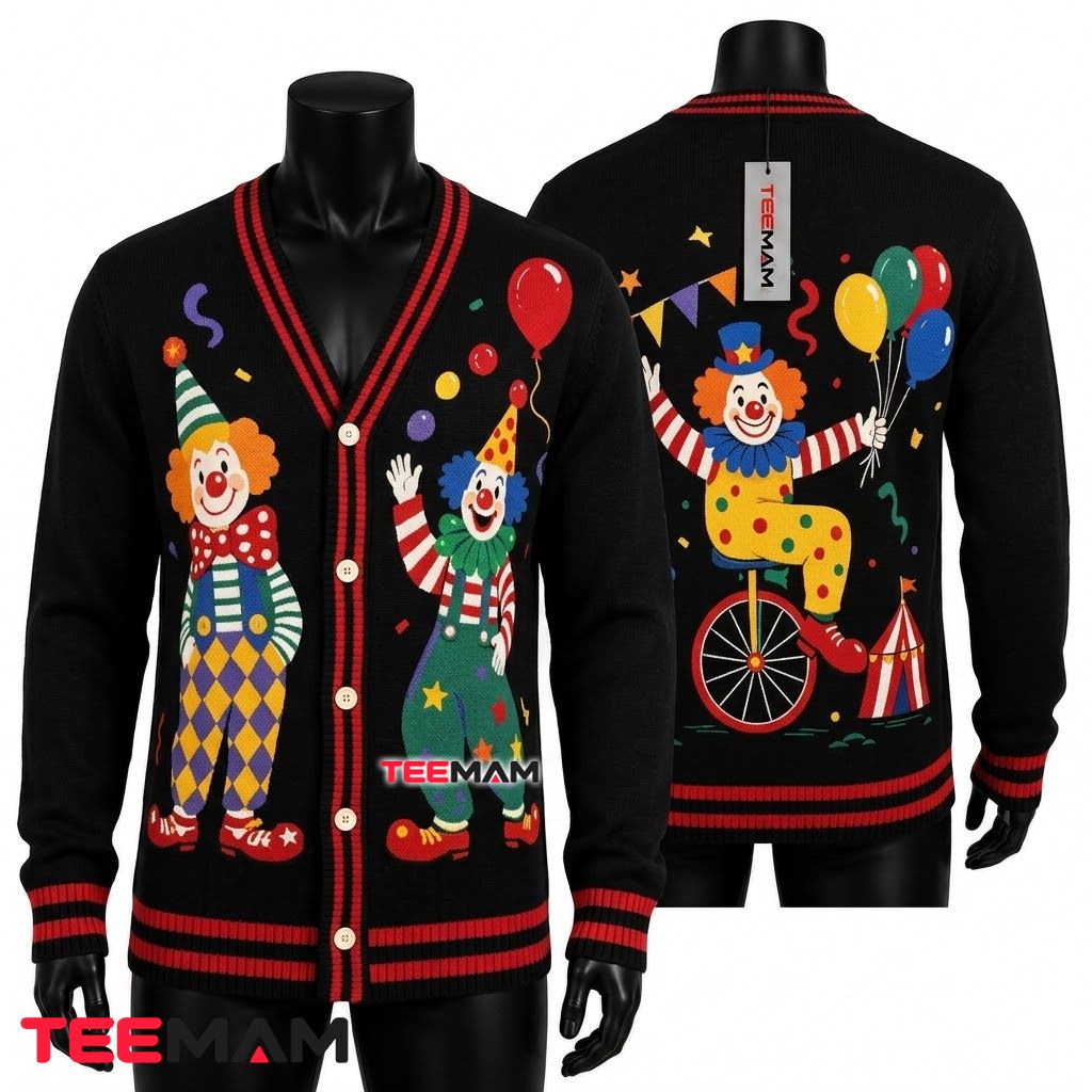 Clown Halloween Cardigan Circus Unicycle Balloon 1