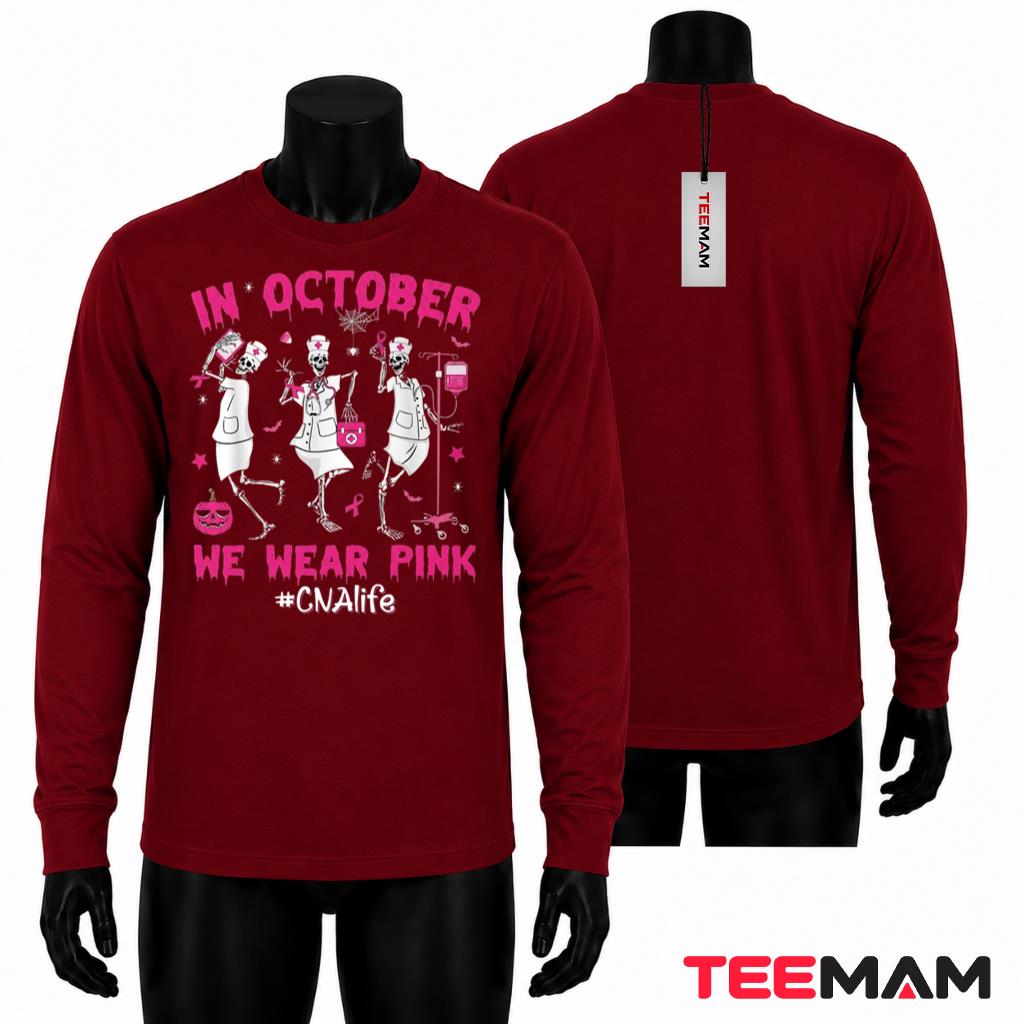 CNA Breast Cancer Awareness Long Sleeve Skeleton Nurse Halloween CNA Breast Cancer Awareness Long Sleeve Skeleton Nurse Halloween