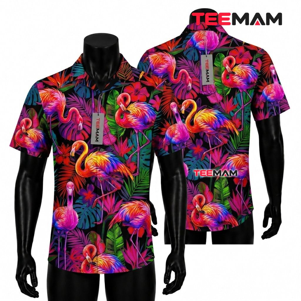 Colorful Flamingo Hawaiian Shirt Neon Tropical Leaves Black Front