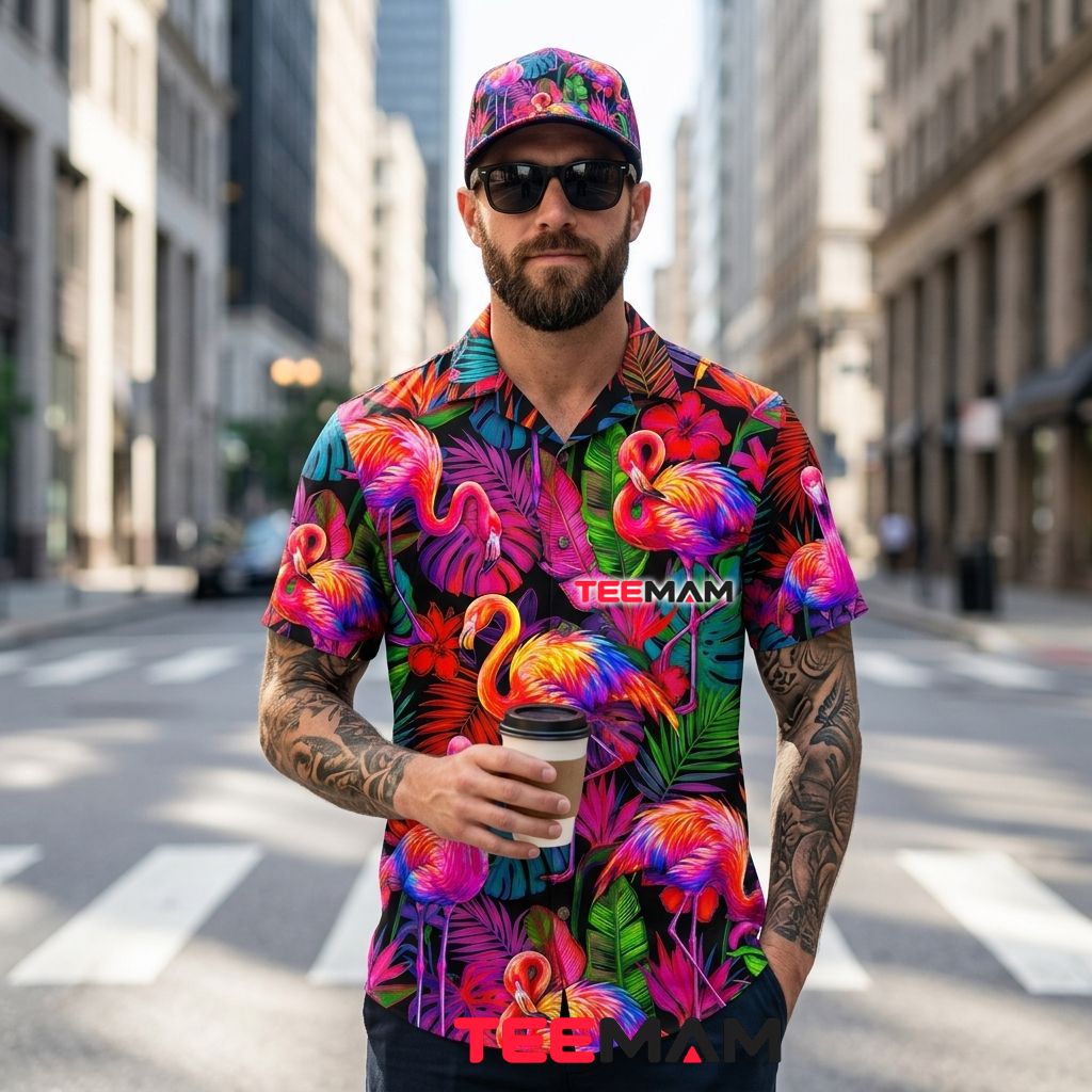 Colorful Flamingo Hawaiian Shirt Neon Tropical Leaves Black Back Colorful Flamingo Hawaiian Shirt Neon Tropical Leaves Black Back