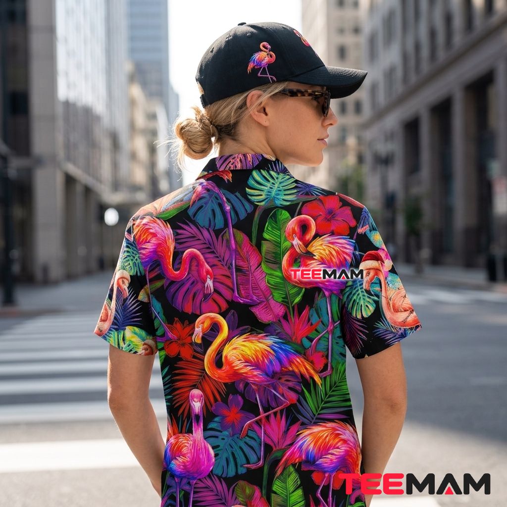 Colorful Flamingo Hawaiian Shirt Neon Tropical Leaves Black Version 3 Colorful Flamingo Hawaiian Shirt Neon Tropical Leaves Black Version 3