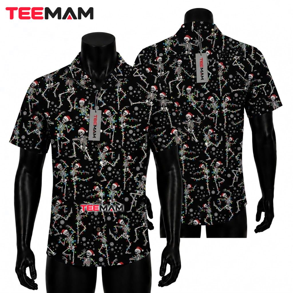 Cool Christmas Hawaiian Shirt Dancing Skeleton Lights Black Front