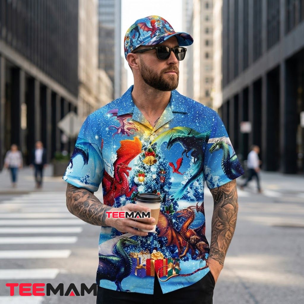 Cool Christmas Hawaiian Shirt Fantasy Dragon Tree Gift Blue Back Cool Christmas Hawaiian Shirt Fantasy Dragon Tree Gift Blue Back