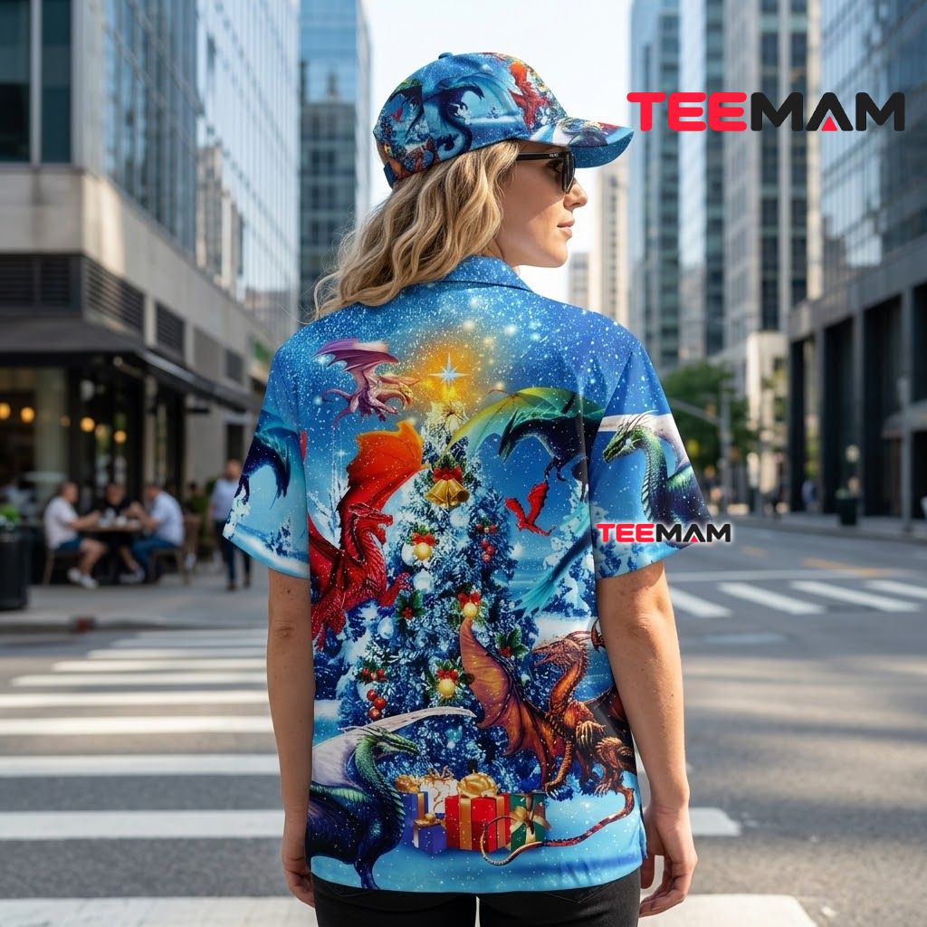 Cool Christmas Hawaiian Shirt Fantasy Dragon Tree Gift Blue Version 3 Cool Christmas Hawaiian Shirt Fantasy Dragon Tree Gift Blue Version 3