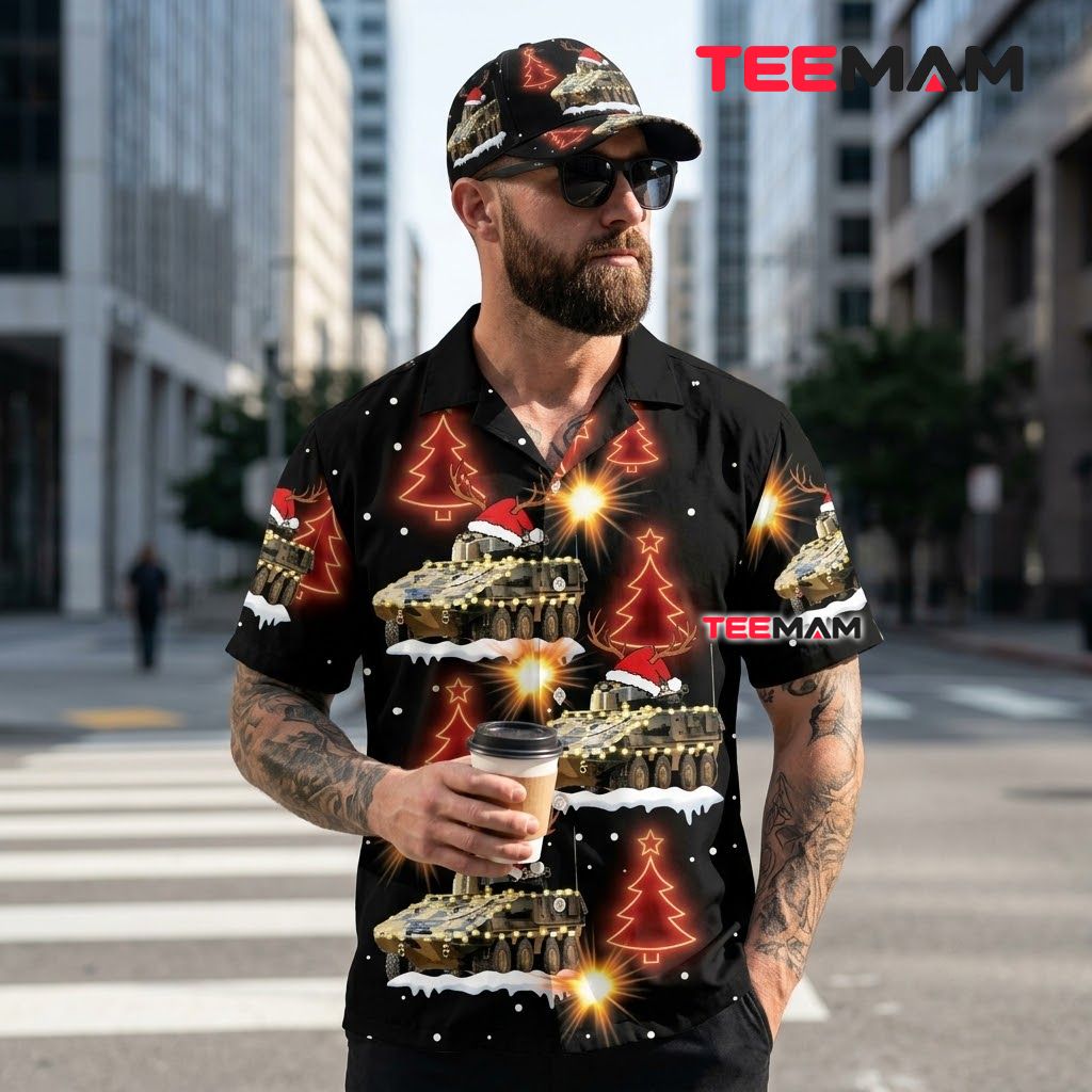 Cool Christmas Hawaiian Shirt Military Tank Armored Vehicle Black Back Cool Christmas Hawaiian Shirt Military Tank Armored Vehicle Black Back