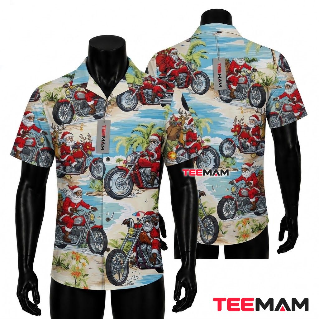 Cool Christmas Hawaiian Shirt Motorcycle Biker Santa Beach Beige Front