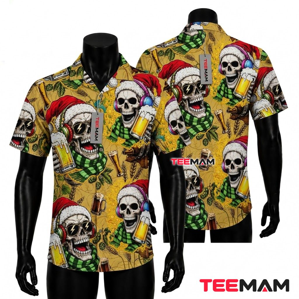Cool Christmas Hawaiian Shirt Skull Santa Drinking Beer Headphones Yellow Front