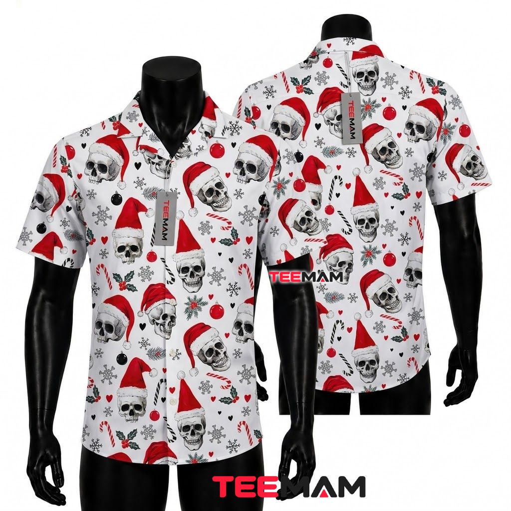 Cool Christmas Hawaiian Shirt Skull Santa Hat Candy Cane White Front
