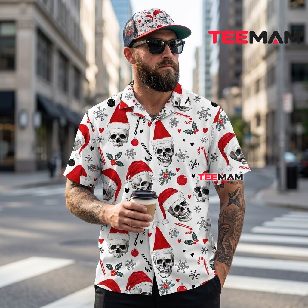 Cool Christmas Hawaiian Shirt Skull Santa Hat Candy Cane White Back Cool Christmas Hawaiian Shirt Skull Santa Hat Candy Cane White Back