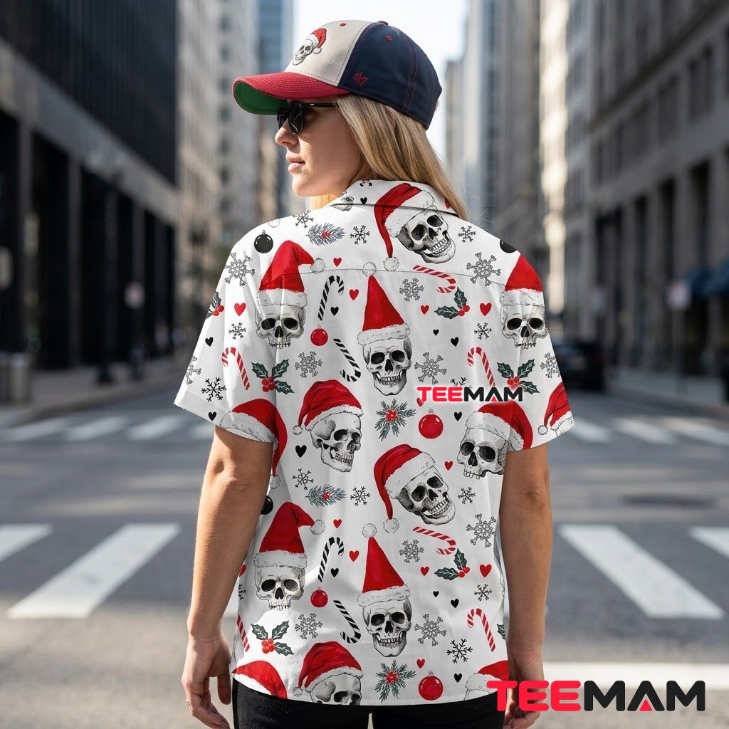 Cool Christmas Hawaiian Shirt Skull Santa Hat Candy Cane White Version 3 Cool Christmas Hawaiian Shirt Skull Santa Hat Candy Cane White Version 3