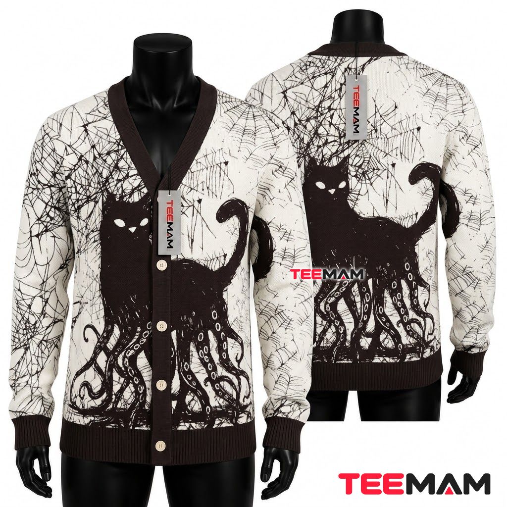 Creepy Halloween Cardigan Cat Octopus Web 1