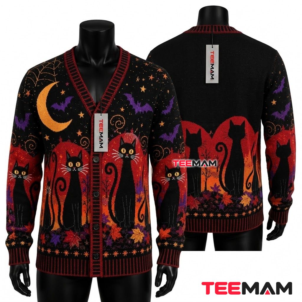 Crimson Halloween Cardigan Black Cat Moon 1