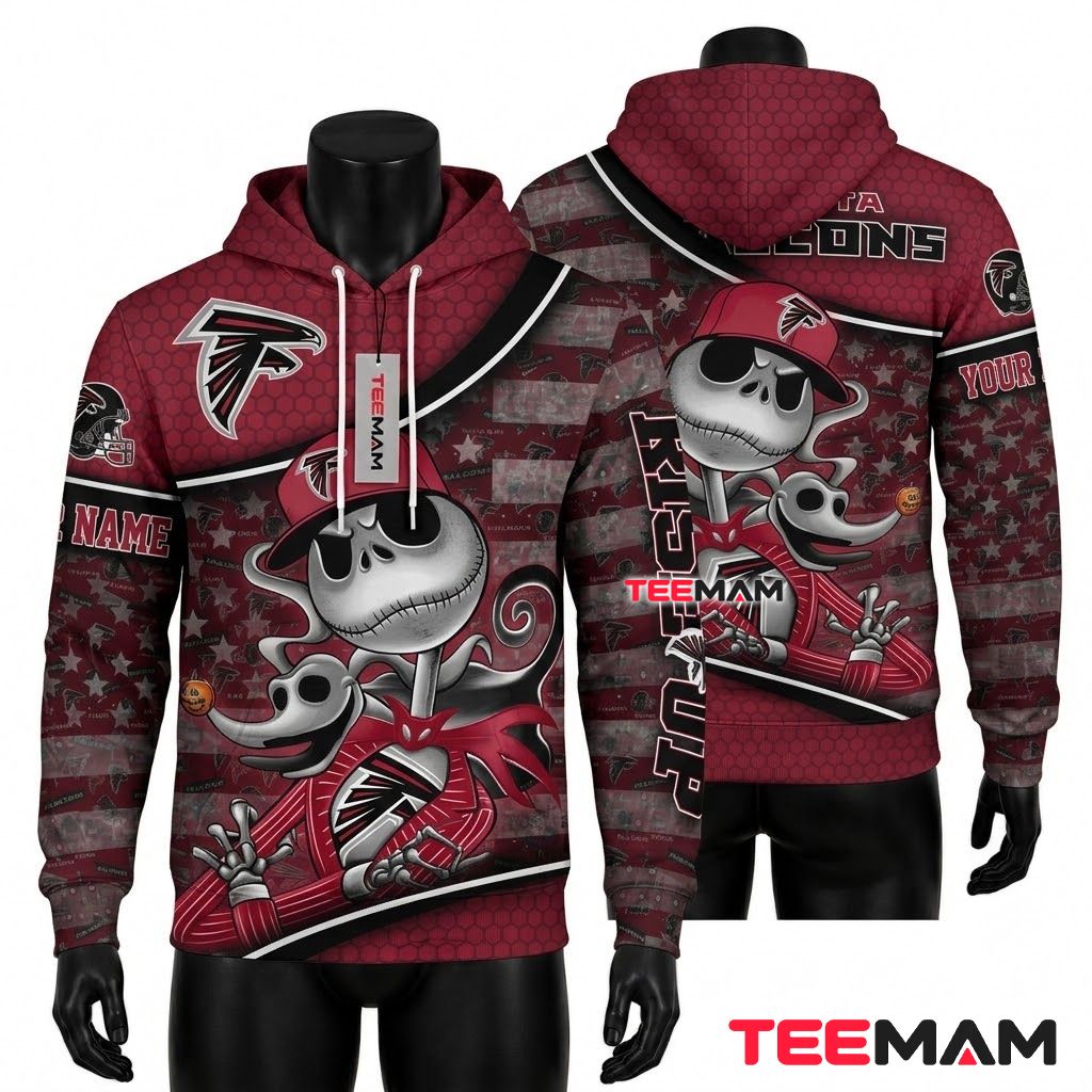Custom Name Atlanta Falcons 3D Hoodie Jack Skellington Rise Up Front