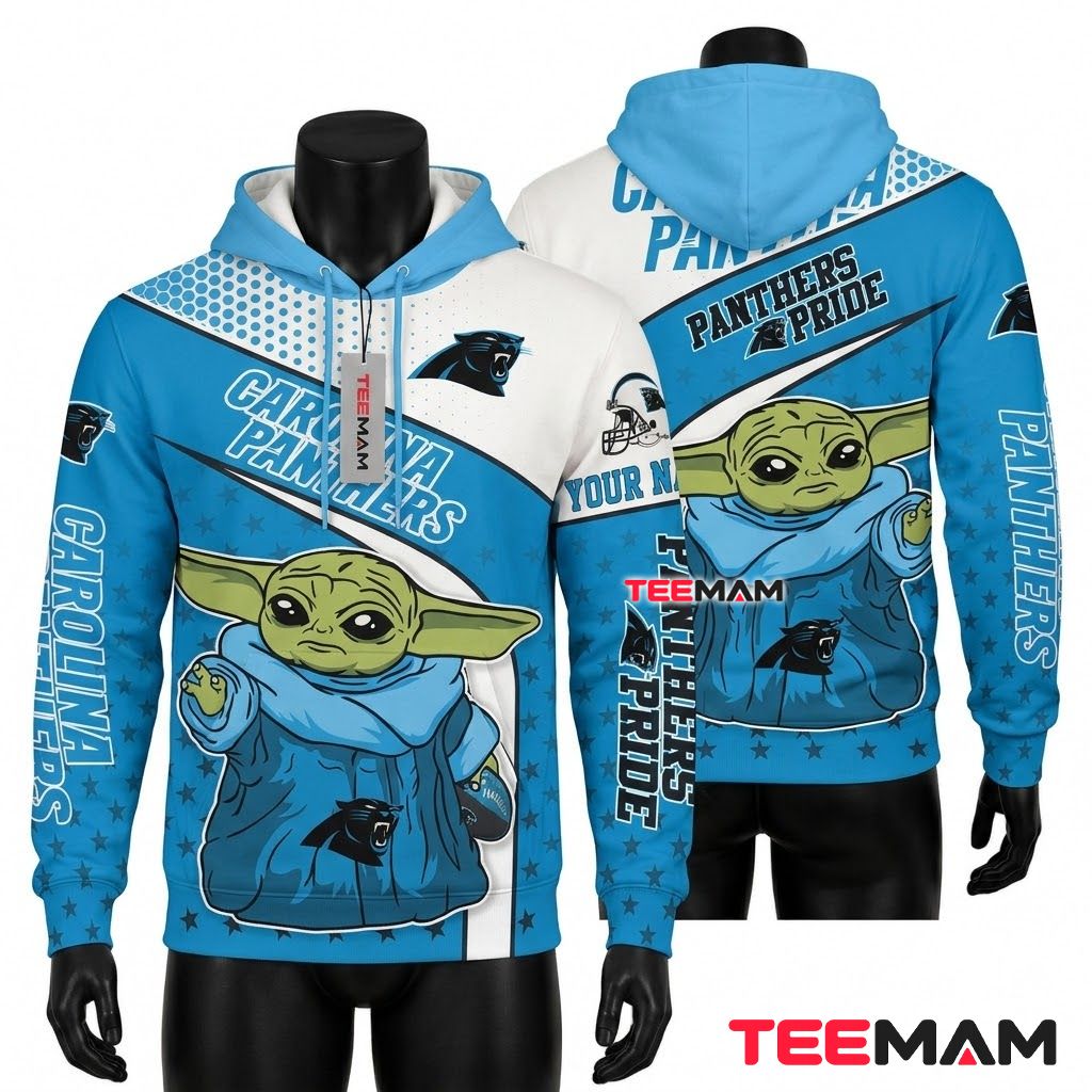 Custom Name Carolina Panthers 3D Hoodie Baby Yoda Pride Front