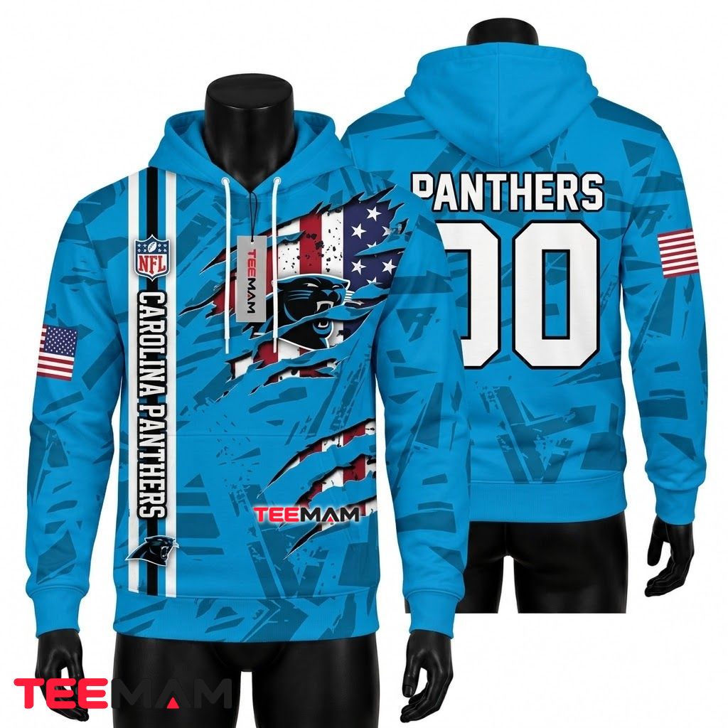 Custom Name Carolina Panthers 3D Hoodie Claw Flag Blue Front