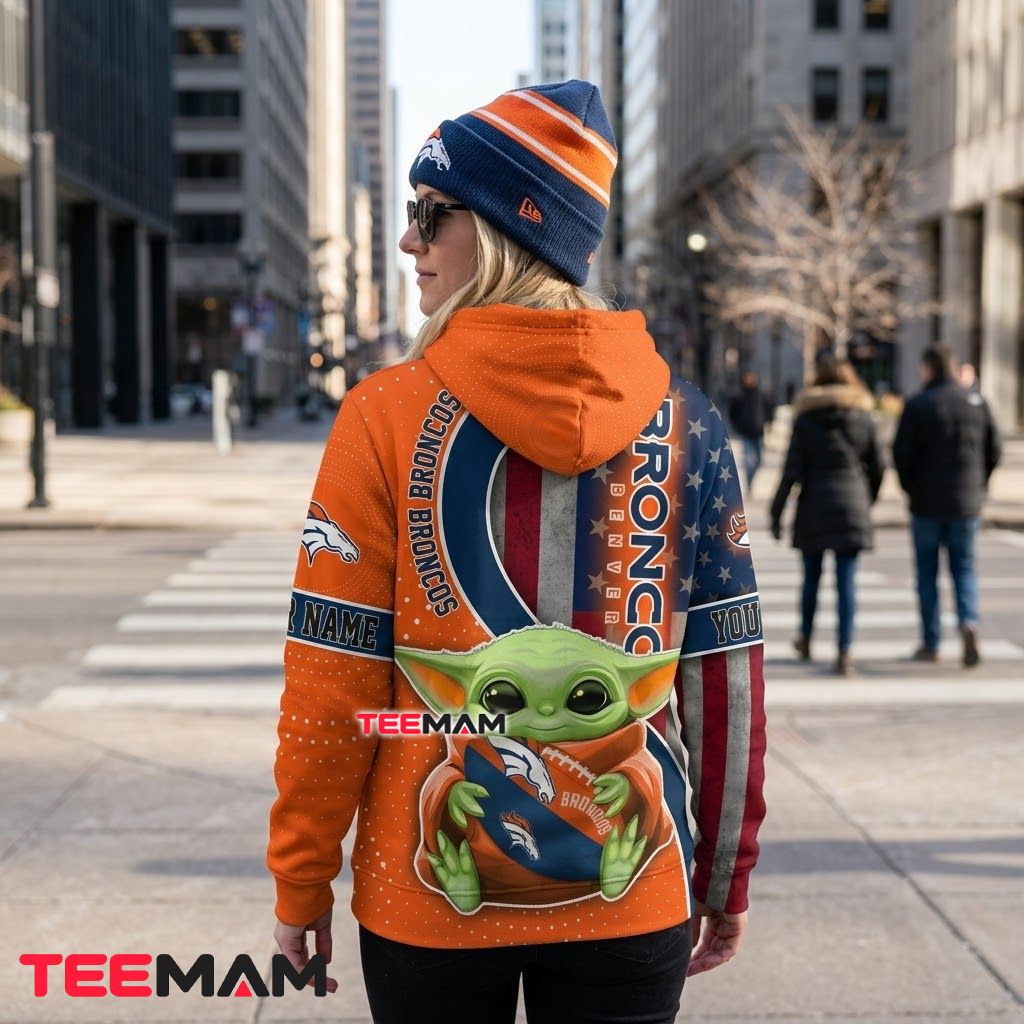Custom Name Denver Broncos 3D Hoodie Baby Yoda American Flag Version 3 Custom Name Denver Broncos 3D Hoodie Baby Yoda American Flag Version 3