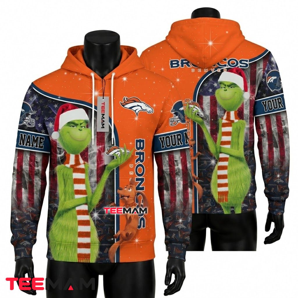 Custom Name Denver Broncos 3D Hoodie Grinch And Max Christmas Design Front