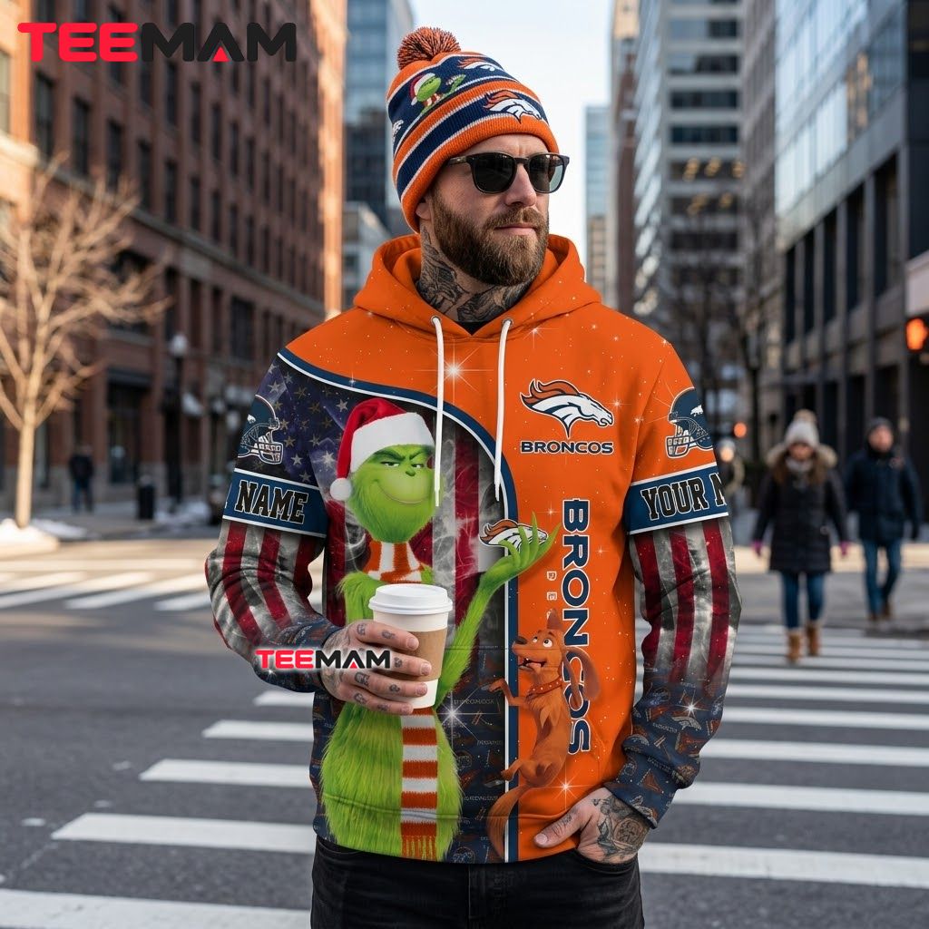Custom Name Denver Broncos 3D Hoodie Grinch And Max Christmas Design Back Custom Name Denver Broncos 3D Hoodie Grinch And Max Christmas Design Back