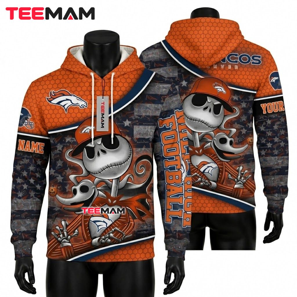 Custom Name Denver Broncos 3D Hoodie Jack Skellington Ghost Dog Front