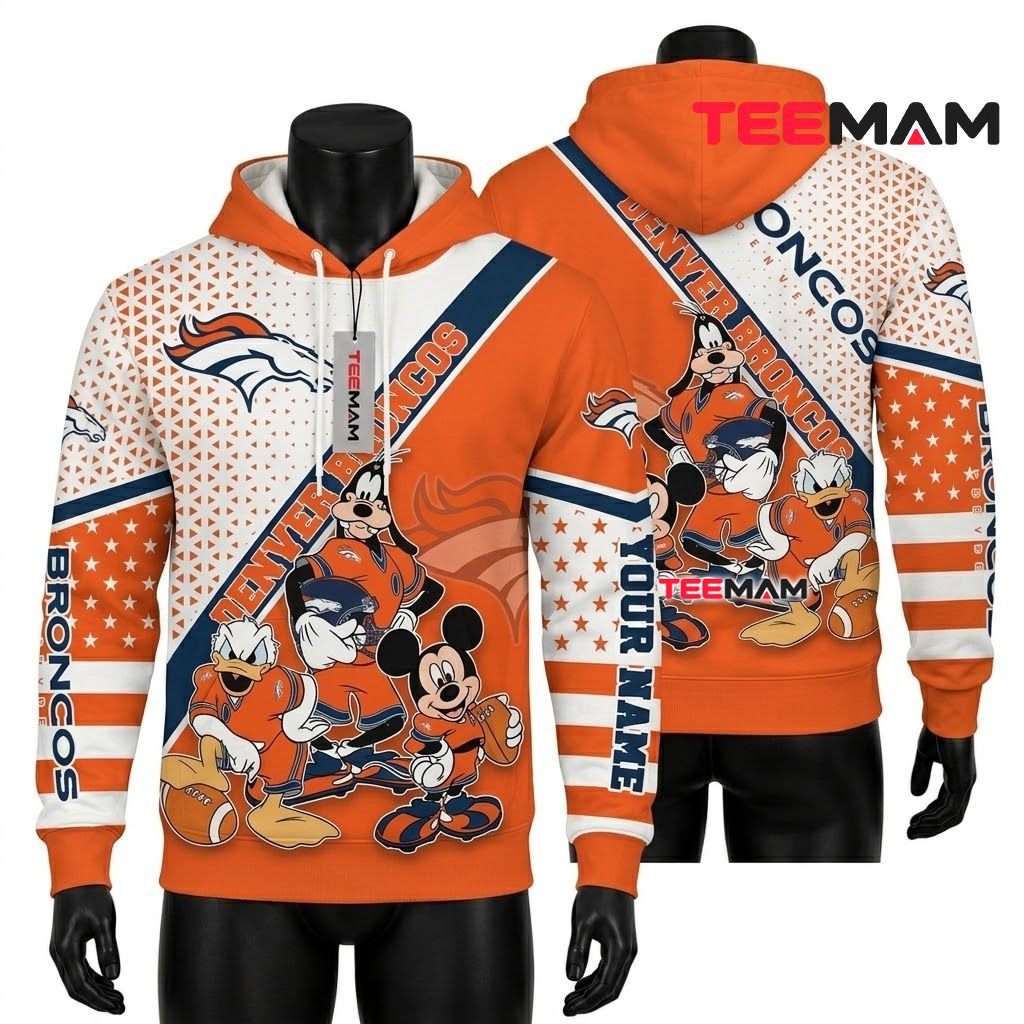 Custom Name Denver Broncos 3D Hoodie Mickey Goofy Donald Front