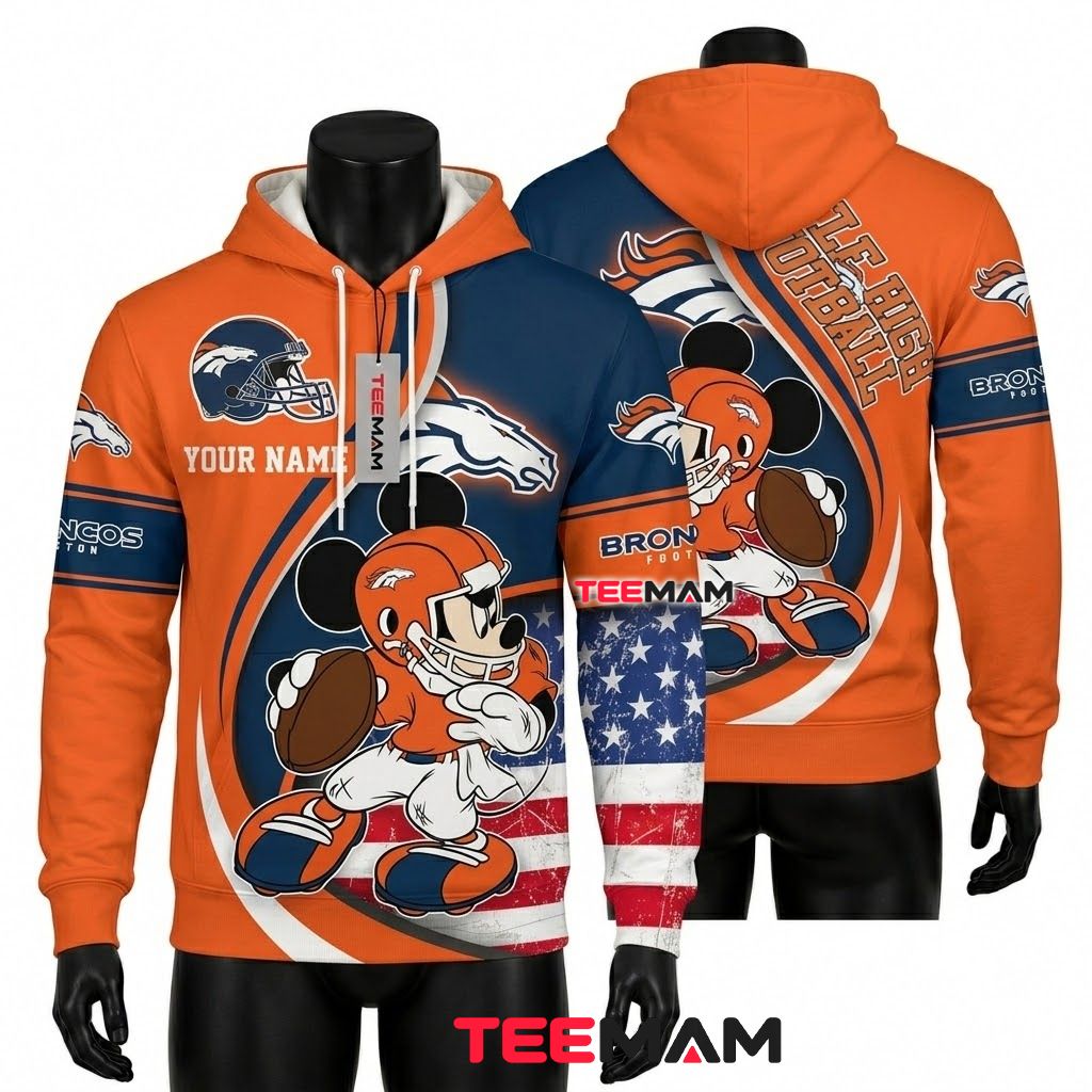 Custom Name Denver Broncos 3D Hoodie Mickey Mouse Football Front