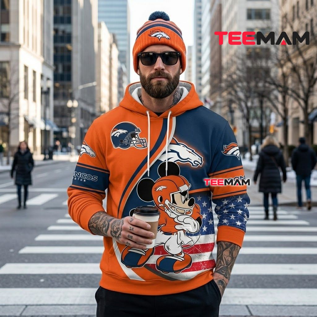 Custom Name Denver Broncos 3D Hoodie Mickey Mouse Football Back Custom Name Denver Broncos 3D Hoodie Mickey Mouse Football Back