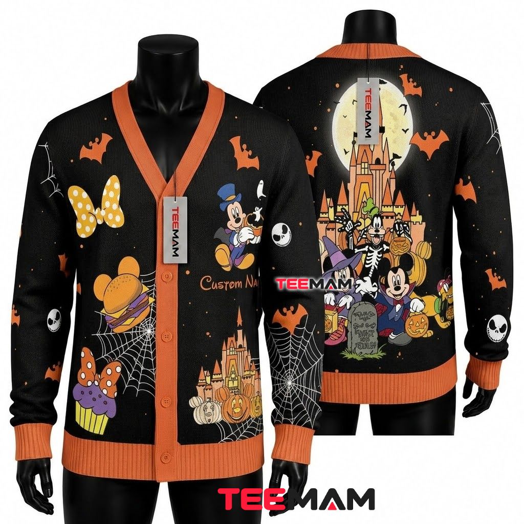 Custom Name Disney Halloween Cardigan Mickey Castle Skeleton 1