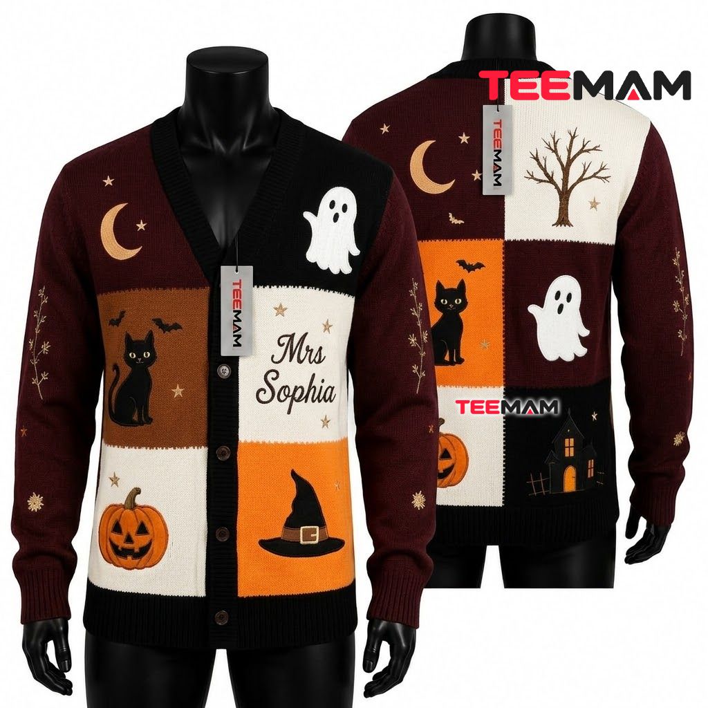 Custom Name Halloween Cardigan Color Block Ghost 1