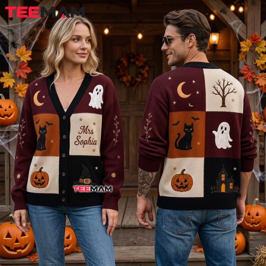 Custom Name Halloween Cardigan Color Block Ghost 2 Custom Name Halloween Cardigan Color Block Ghost 2