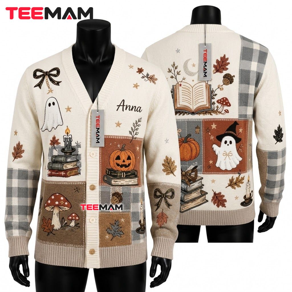 Custom Name Halloween Cardigan Cozy Patchwork Ghost 1