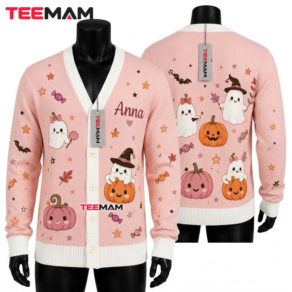 Custom Name Halloween Cardigan Cute Ghost Pumpkin 1