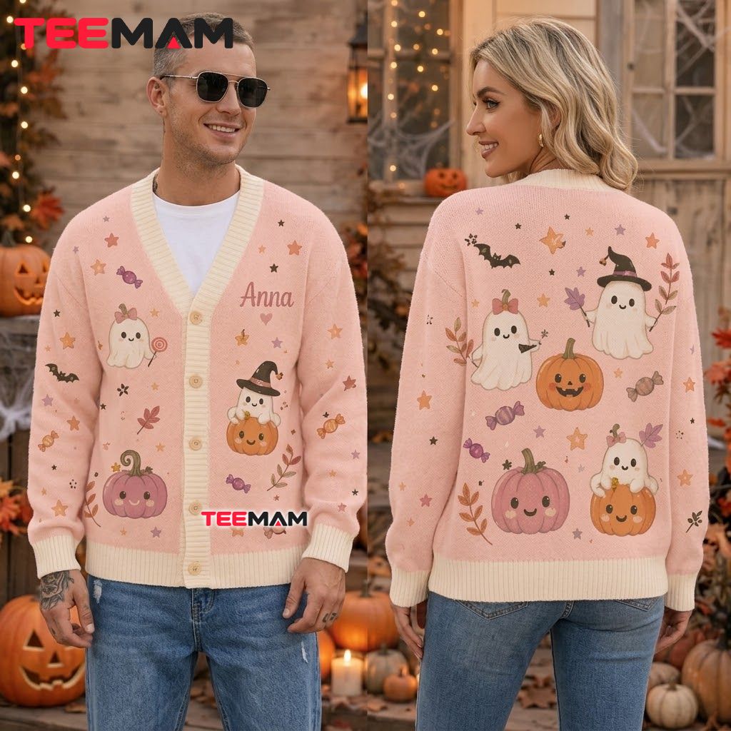 Custom Name Halloween Cardigan Cute Ghost Pumpkin 2 Custom Name Halloween Cardigan Cute Ghost Pumpkin 2