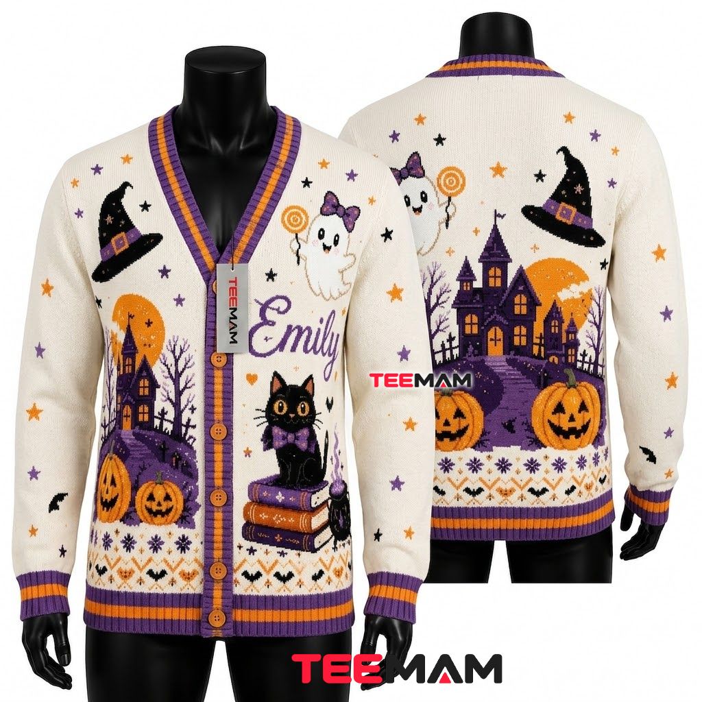Custom Name Halloween Cardigan Ghost Black Cat 1