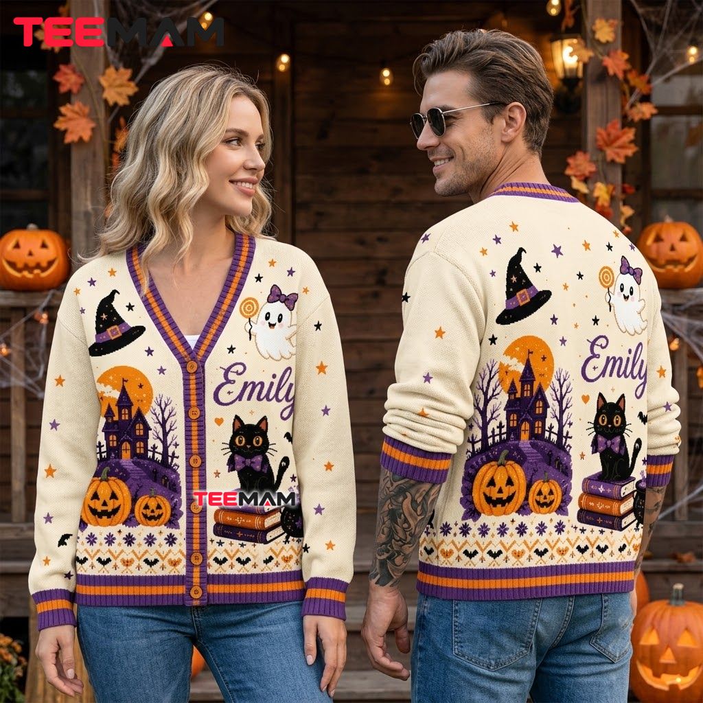 Custom Name Halloween Cardigan Ghost Black Cat 2 Custom Name Halloween Cardigan Ghost Black Cat 2