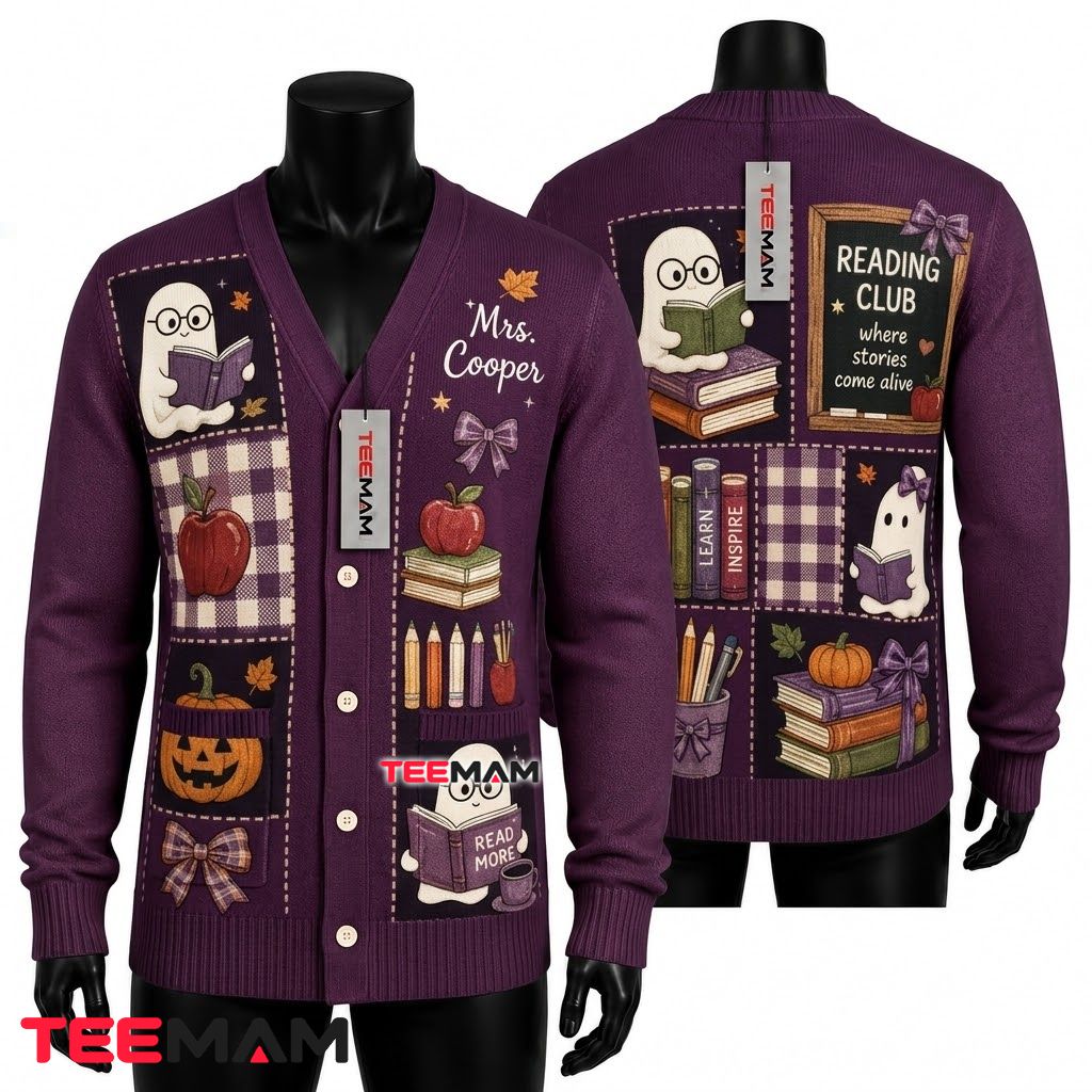 Custom Name Halloween Cardigan Ghost Reading Club 1