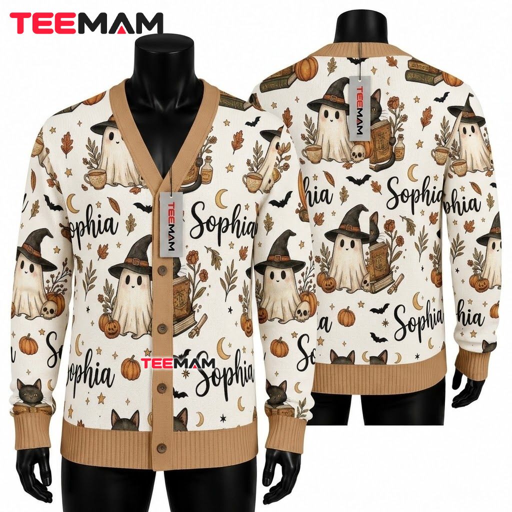 Custom Name Halloween Cardigan Ghost Witch Pattern 1