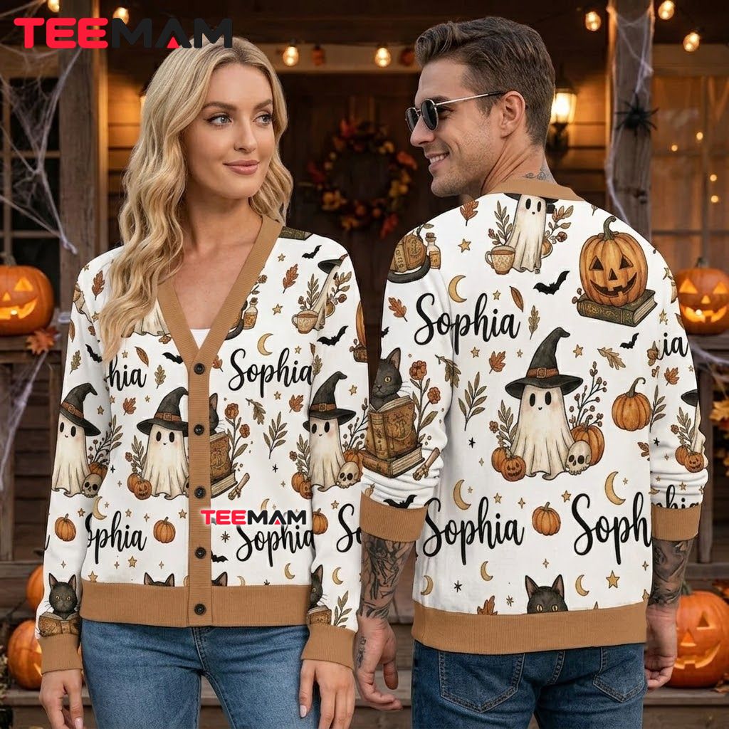 Custom Name Halloween Cardigan Ghost Witch Pattern 2 Custom Name Halloween Cardigan Ghost Witch Pattern 2