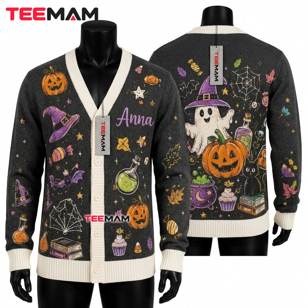 Custom Name Halloween Cardigan Ghost Witch Potion 1