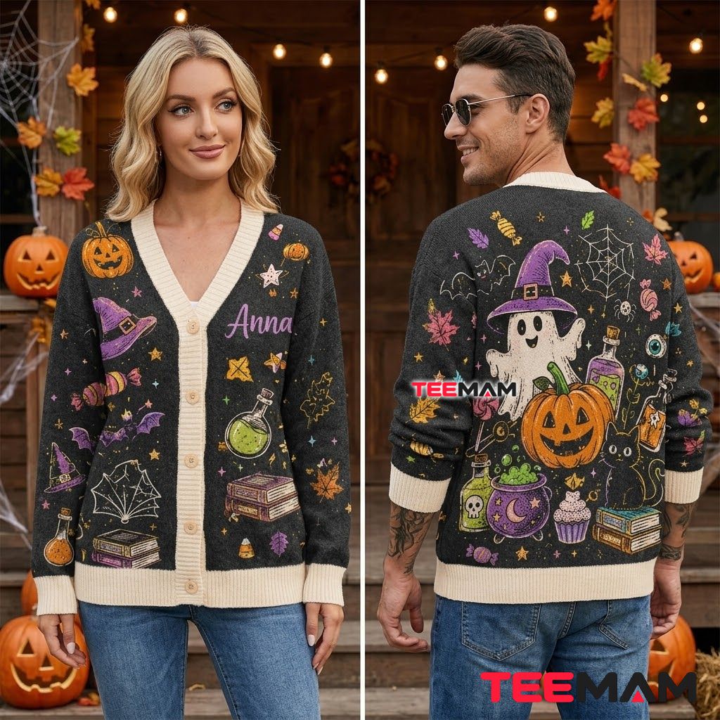 Custom Name Halloween Cardigan Ghost Witch Potion 2 Custom Name Halloween Cardigan Ghost Witch Potion 2