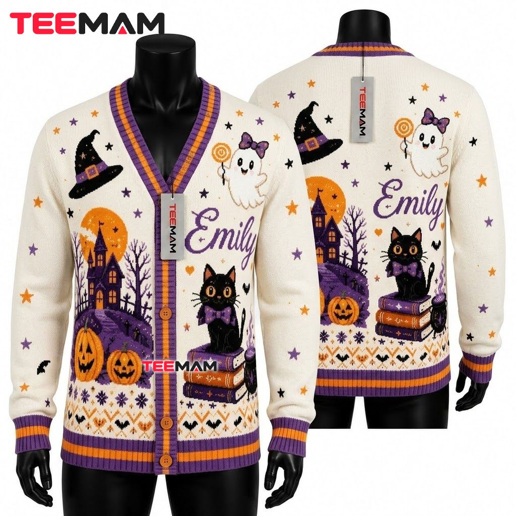 Custom Name Halloween Cardigan Ghost Witch Pattern Custom Name Halloween Cardigan Ghost Witch Pattern