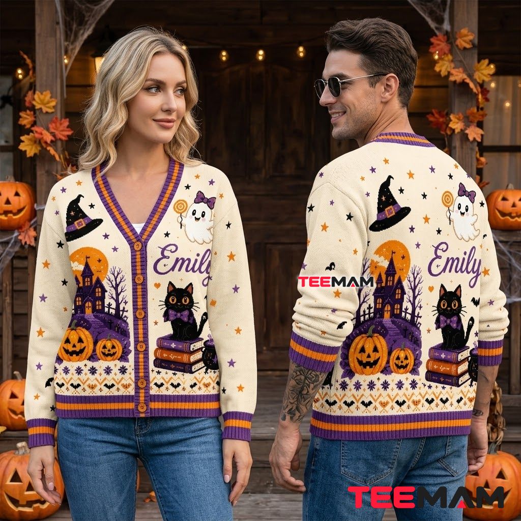 Custom Name Halloween Cardigan Haunted House Black Cat Emily 2 Custom Name Halloween Cardigan Haunted House Black Cat Emily 2