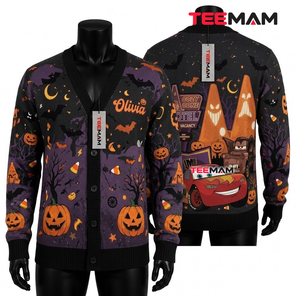 Custom Name Halloween Cardigan Lightning McQueen Mater 1